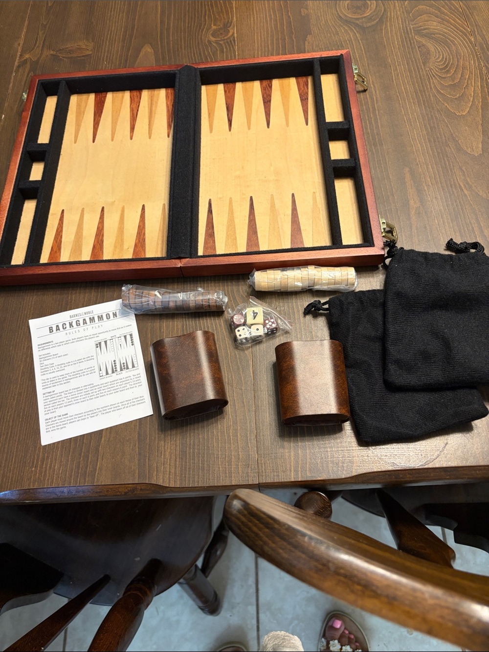 Barnes & Noble Brown and Tan Wooden Backgammon Set with Leather Cups NIB
